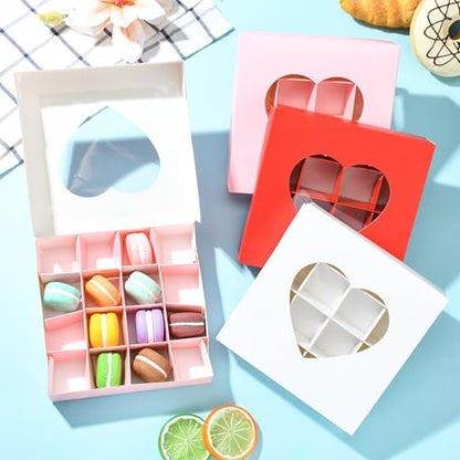 Airssory Chocolate Boxes, Paper Gift Boxes with Heart-Shaped Window, 12 pcs (4 pcs each of Pink, White, Gold), Square 15.1x15.1x3.5 cm, for Truffles, Candies, Favors - color: Chocolate Boxes