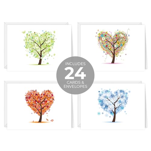 Seasons of Life Note Card Assortment Pack/Set Of 24 Greeting Cards And White Envelopes / 4 7/8" x 3 1/2" Cards Featuring 4 Seasonal Tree Designs