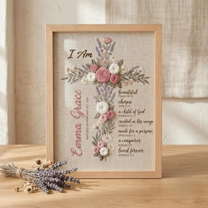 NAZENTI Custom Hand Embroidery Wooden Frame Sign Baptism Gift for Boy, Personalized Embroidered Floral Sign with Name - color: DS01