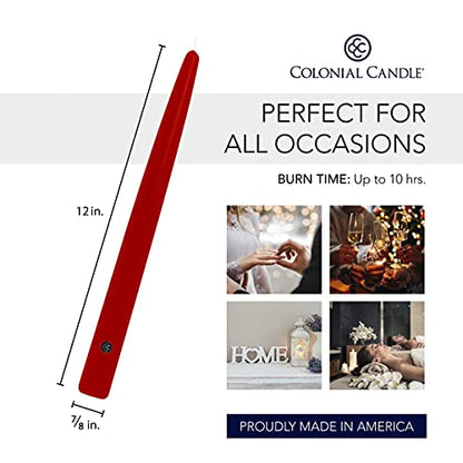 Colonial Candle Unscented Taper Candle, Handipt Collection, Red, 12 In, Pack of 12 - Up to 10 Hours Burn - color: Red, size: 12 In, style: Handipt