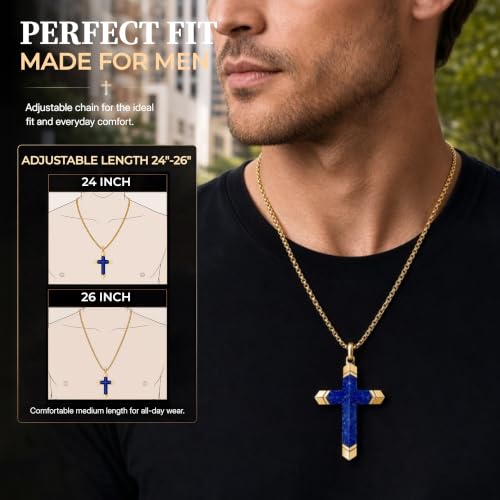 Lapis Lazuli/Amethyst Cross Necklace for Men Waterproof and Sweat-Resistant Suitable for both men and women With Adjustable Box Chain Christian Jewelry Father Day Gifts for Men - color: Blue&Gold