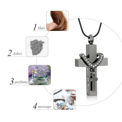 Cremation Jewelry for Ashes Pendant - Cross Urn Necklace with Mini Keepsake Urn Memorial Ash Jewelry - color: With me always-Black