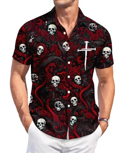 Men's Hawaiian Shirt, Faith and Skull Theme, Short Sleeve Vacation Shirt, Tropical Casual Beach - color: Faith-11, size: Large