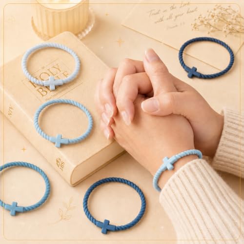 Soaoo 24/60 Pcs Jesus Bracelets Cross Silicone Bracelet Braided Stackable Rubber Wristband Silicone Jewelry Gift for Women Men - color: Blue, size: Cross