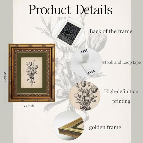 Gold Framed Wall Art Vintage Flower Sketch Wall Art Antique Sage Green Botanical Wall Decor Picture Dark Green Floral Drawing Poster Print for Bedroom Living Room 16x24in - color: Floral, size: 24"L x 16"W
