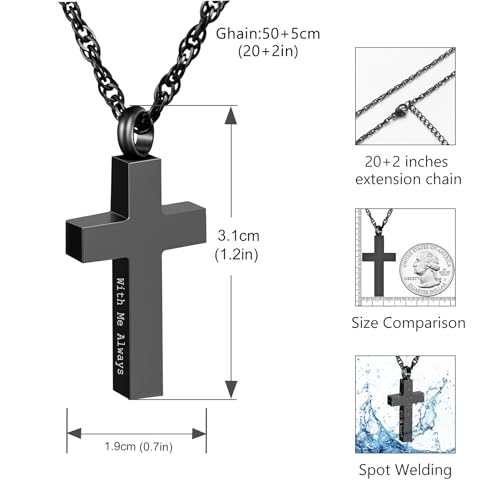 Cremation Cross Necklace for Ashes Stainless Steel Cross Urn Pendant Ashes Holder Memorial Jewelry-With Me Always - style: With Me Always-Black-Gift Box