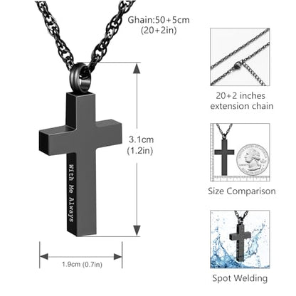 Cremation Cross Necklace for Ashes Stainless Steel Cross Urn Pendant Ashes Holder Memorial Jewelry-With Me Always - style: With Me Always-Black-Gift Box