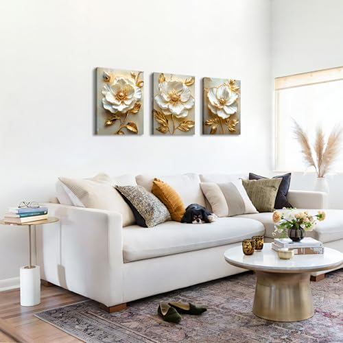 WENGTIAO Modern White Floral Golden Leaves Canvas Wall Art Set 16x24 x3Pcs - color: Flower-golden leaf, size: 16"x24"x3Pcs