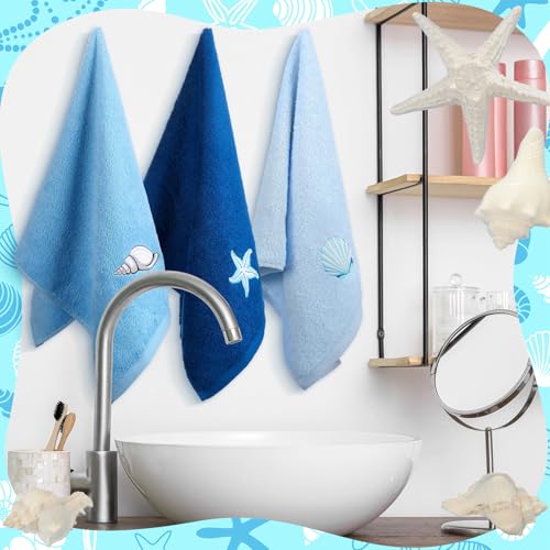 SmoothNovelty 3 Pcs Blue Coastal Hand Towels Cotton Bathroom 13.3" x 29.5" - color: Ocean, size: 13.3 x 29.5 inches
