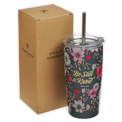 Christian Art Gifts Psalm 46:10 Teal Floral Stainless Steel Travel Tumbler - color: Be Still/Dark Teal Floral