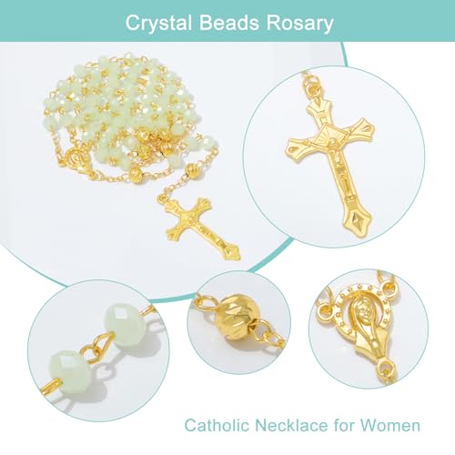KOMI Crystal Rosary Beads with Jesus Crucifix, Catholic Necklace for Women First Communion Rosarios Wedding Rosary with Velvet Bag - style: 6MM-green-2