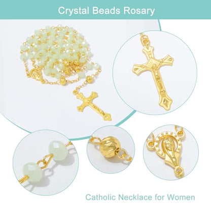 KOMI Crystal Rosary Beads with Jesus Crucifix, Catholic Necklace for Women First Communion Rosarios Wedding Rosary with Velvet Bag - style: 6MM-green-2