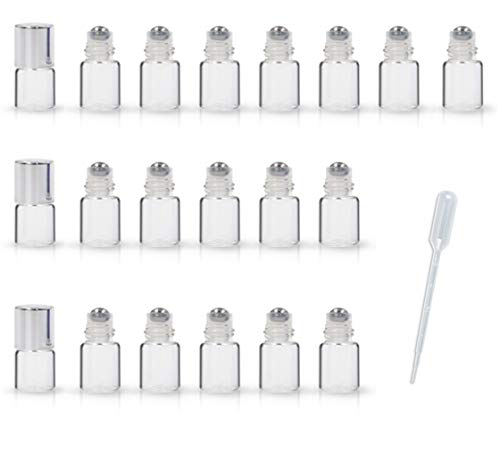 20 Pack Set 1ML Mini Sample Roll Glass Bottles for Essential Oils Roller Refillable Perfume Roll Bottle (Pure-Sliver) - color: Pure-Sliver
