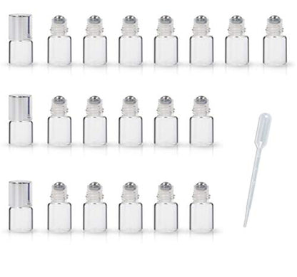 20 Pack Set 1ML Mini Sample Roll Glass Bottles for Essential Oils Roller Refillable Perfume Roll Bottle (Pure-Sliver) - color: Pure-Sliver