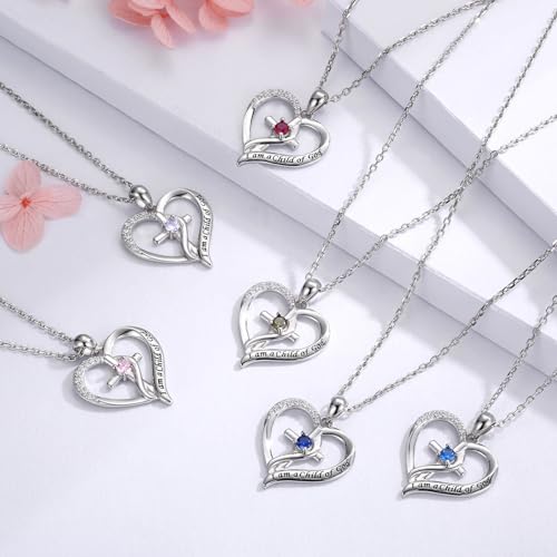 925 Sterling Silver I Am a Child of God Scripture Pendant with Birthstone Heart Cross Communion Necklace for Women Christian Faith Jewelry Gift - color: September