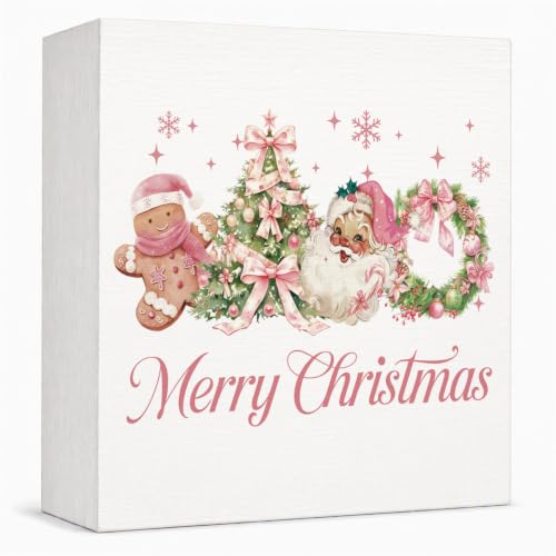 Pink Christmas Decor, Christmas Decorations Indoor, Coquette Bow Xmas Tree Santa Claus Gingerbread Sign Gift for Women Friends, Rustic Wooden Box Sign for Home Office Bedroom Desk Decor 5x5 Inches - color: Merry Christmas-7