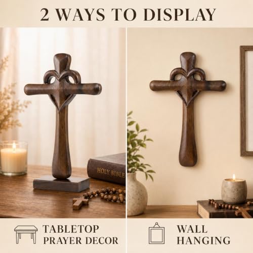 DAICAT - Hand-carved Wooden Cross Wall Decor, 10 Inch Tall Larger Cross for Home Decor, Cross Decor for Wall, Hand made Wood Crosses Wall and Table, Wedding Gifts for Couple (No 5)