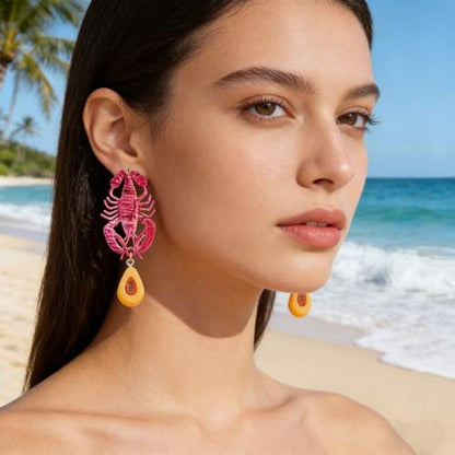 Creative Exaggerated Ocean Animal Drop Dangle Earrings for Women, Bohemia Style Alloy Lobster Octopus Fish Crab Earrings for Summer Beach Holiday Party Jewelry Gifts - style: Pink Lobster Earrings-E