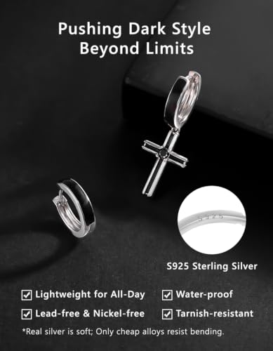 KRKC&CO Dangle Cross Earrings for Men, Sterling Silver Plated Black Drop - color: Silver-I