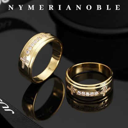 Mens Wedding Band, 18K Gold Plated Rings Non Tarnish Promise Rings For Him Lord's Prayer Cross Ring Father in Law Gifts Round Cut Anniversary Engagement Size 7-14 - size: 13