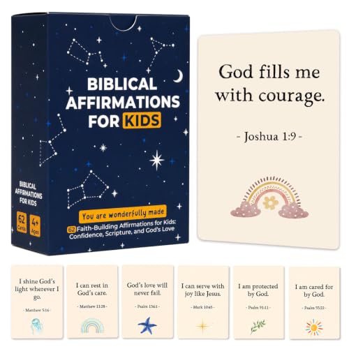 Prayer Cards for Kids, 62 Bible Verse and Biblical Affirmation Cards, Back to School, Lunchbox Notes for Kids, Christian Scripture Cards for Daily Devotion, Bible Study, Sunday School, VBS and Homeschool