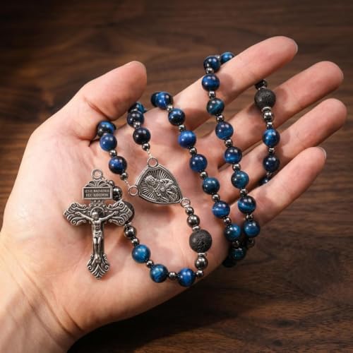 Nazareth Store Blue Tiger Eye Rosary Beads, Handmade Catholic Rosary Necklace with Lava Stone Beads and Our Father Crucifix, Five Decade Prayer Rosary, Religious Gift - style: Our Father