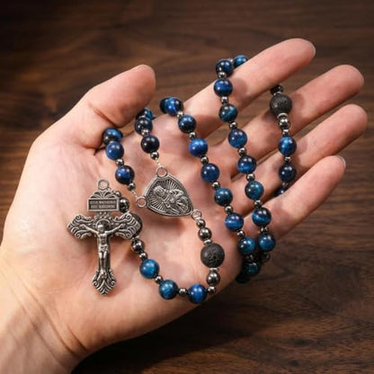 Nazareth Store Blue Tiger Eye Rosary Beads, Handmade Catholic Rosary Necklace with Lava Stone Beads and Our Father Crucifix, Five Decade Prayer Rosary, Religious Gift - style: Our Father