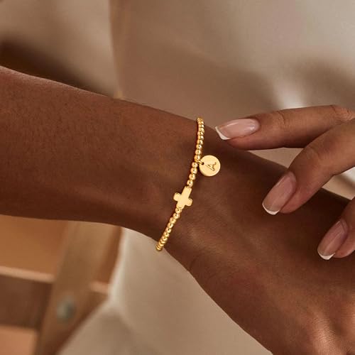 M MOOHAM Cross Initial Bracelets for Women, Letter A-Z Gold Beaded Bracelet - color: F