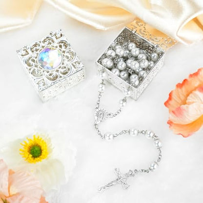 Sliver Pearl-Style Rosary Necklace with Metal Gift Box, 8mm, 22 Inch - color: Silver