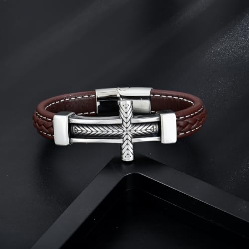 Leather Cross Bracelet Braided Faith Bangle for Men, 8.3 &9.1 Inch - color: 07.brown leather; Style: wheat cross, size: 8.3in(Fits most wrists)