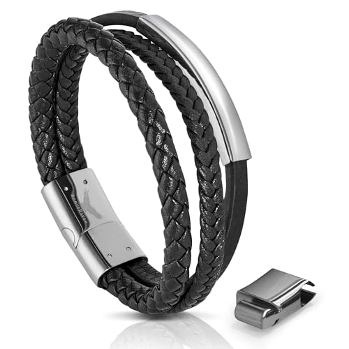RogueRaven Black Leather Bracelet for Men – Premium Collection – Brown Black Gold Silver | Genuine Leather Mens Bracelet with Stainless Steel Clasp [Adjustable] | In Luxury Gift Box - color: black silver