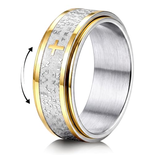 IRONBOX Stainless Steel Fidget Ring for Men Women Lord's Prayer Cross Ring - color: Gold