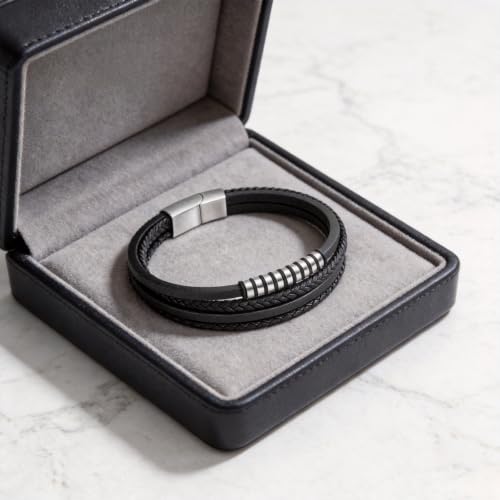 Kim Carrey Italian Handmade Leather Bracelets for Men - color: Thin Black, size: 8.2"