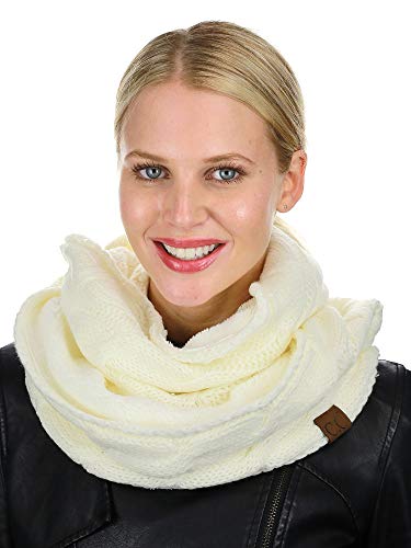 C.C Women's Winter Cable Knit Sherpa Lined Warm Infinity Pullover Scarf - color: Ivory