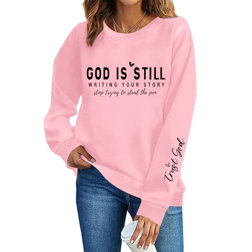 PAIEXILY Christian Crewneck Sweatshirts for Women God Faith Bible Verse Pullover Jesus Religious Long Sleeve Shirts Tops - color: Pink, size: Small