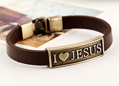 Men Punk Alloy Leather Bracelet Cross Bracelet Bangle Wristband - color: Jesus