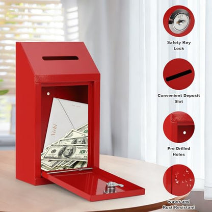 KYODOLED Cash Box for Farm Stand, Money Drop Box with Lock & Slot, Red - color: Red, size: 10.24 x 5.7 x 2.95 Inch