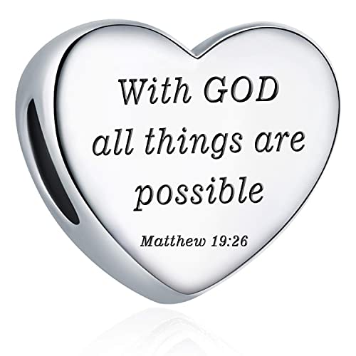 Heart Charm Fit Pandora Charms Bracelet Christian Bible Verse Charm Prayer Faith Religious Charms Gifts for Women - style: With God All Thins Are Possible Matthew 19:26