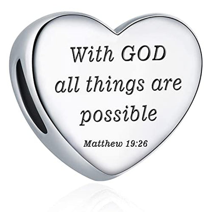 Heart Charm Fit Pandora Charms Bracelet Christian Bible Verse Charm Prayer Faith Religious Charms Gifts for Women - style: With God All Thins Are Possible Matthew 19:26