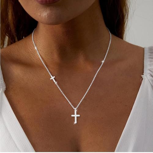 Cross Necklace for Women 14K Gold Silver Plated Small Cross Necklace Dainty Cross Pendant Choker Simple Trendy Cute Sideway Cross Charm Chain Necklaces for Women Trendy Christian Baptism Religious Faith Jewelry Gifts - size: Silver-153