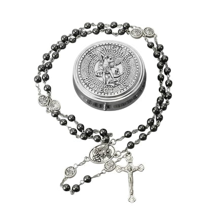 Nazareth Store St Michael Rosary Hematite Stone Beads Necklace Metal Beaded Glory Beads Archangel Medal & Cross with Metal Gift Box - color: Silver | Jesus Cross