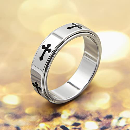 Fidget Toys Adults Spinner Women, Cross Anxiety Relief Stainless Steel Dual Layers Thumb Jewelry Spinning Band Silver Gold Plated Size 6 7 8 9 10 (A-Silver-Cross, Size 6) - color: A-Silver-Cross, size: Size 6