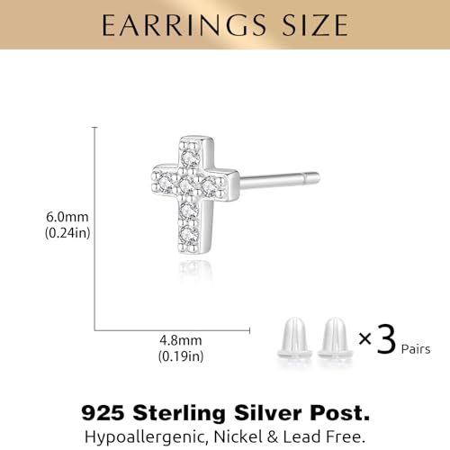 925 Sterling Silver Cross Earrings for Women, Small 14k Gold Plated Cubic Zirconia Earrings Studs Hypoallergenic for Women Gifts