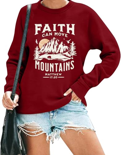 Faith Can Move Mountains Sweatshirt for Women Christian Crewneck Pullover - color: Red, size: Small