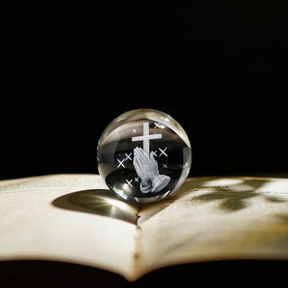 2.3in Praying Hands Cross Crystal Ball with Stand Christian Gift Decor - style: Prayer Cross