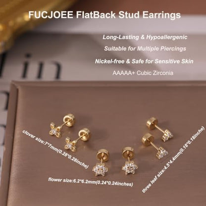 Flat Back Earrings - 14K Gold Plated Tiny CZ Butterfly Cross Moon Flat Back Stud Earrings Dainty Cartilage Earring Set Hypoallergenic Helix Earrings for Women Trendy Tragus Piercing Jewelry - color: Gold-Set1