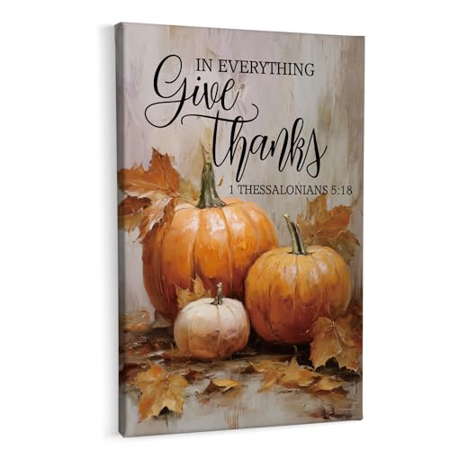 HIWX Christian Fall Pumpkin Wall Decor, Bible Verse Scripture Thanksgiving Framed Canvas Painting Wall Art Decor, Rustic Fall Autumn Wall Art Home Decoration for Bedroom Living Room Church, 16x24 - color: pumpkin 1, size: 24"L x 16"W