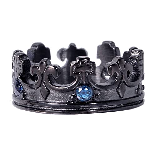 Mens Womens Stainless Steel Vintage Royal King Crown Ring Cross Band Ruby Black Gemstone - color: Black, blue cz