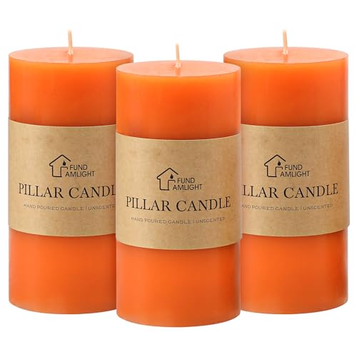 3x6 Inch Orange Pillar Candles Set of 3 - Unscented Fall Pillar Candles - color: Orange, size: 3x6
