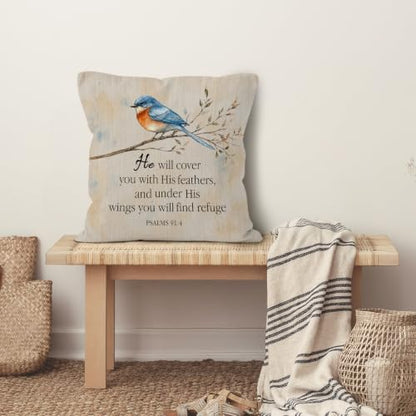Farmhouse Christian Bible Verse Blue Bird Throw Pillow Cover 18x18 - color: Christian